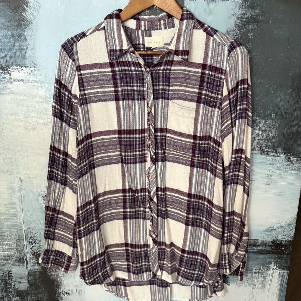 Melloday Burgundy Purple Plaid Button Down Shirt Medium Soft Flannel Style
